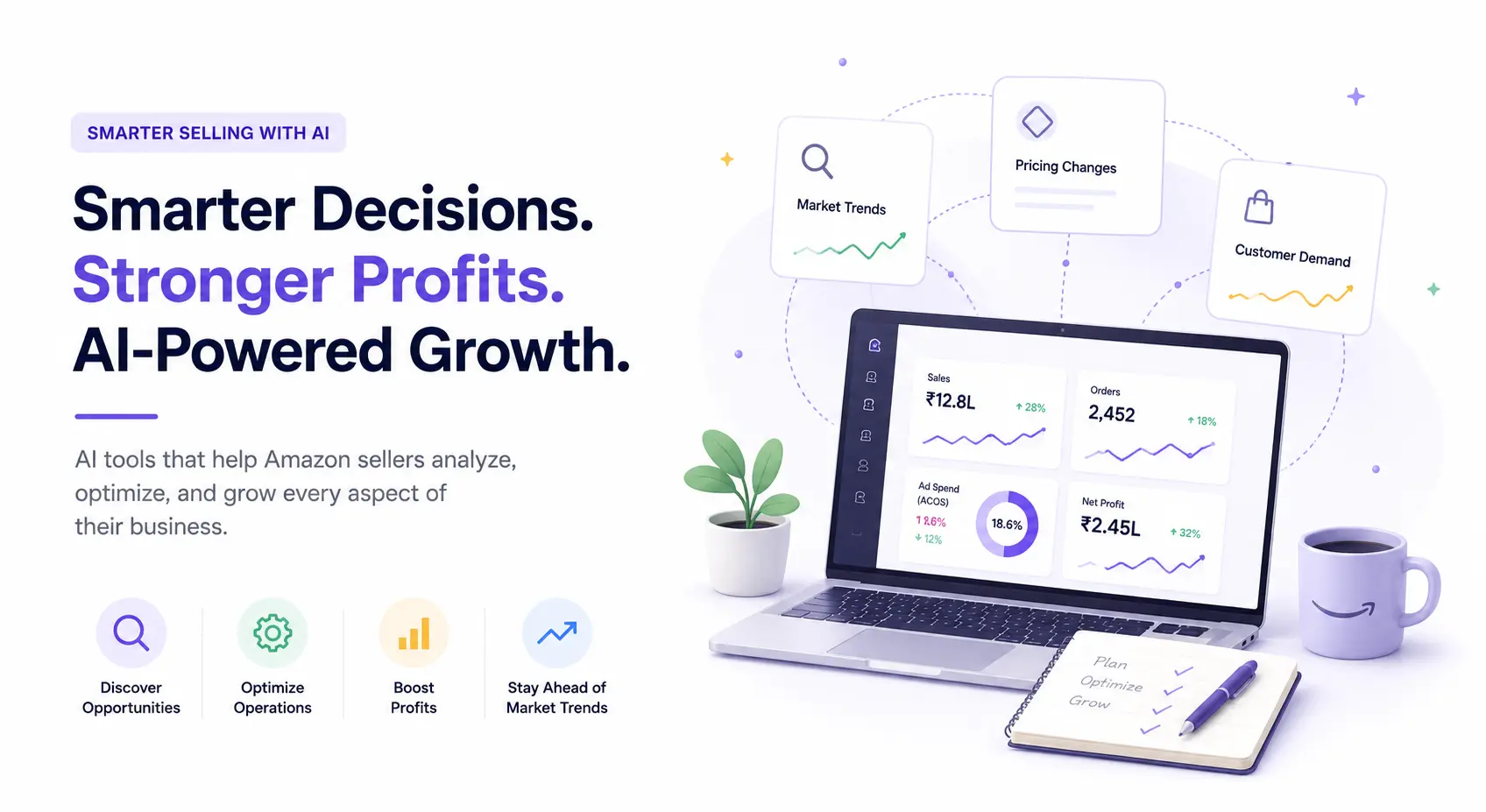 AI-powered Amazon seller tools dashboard showing sales, ad spend, and profit insights - eComSuite