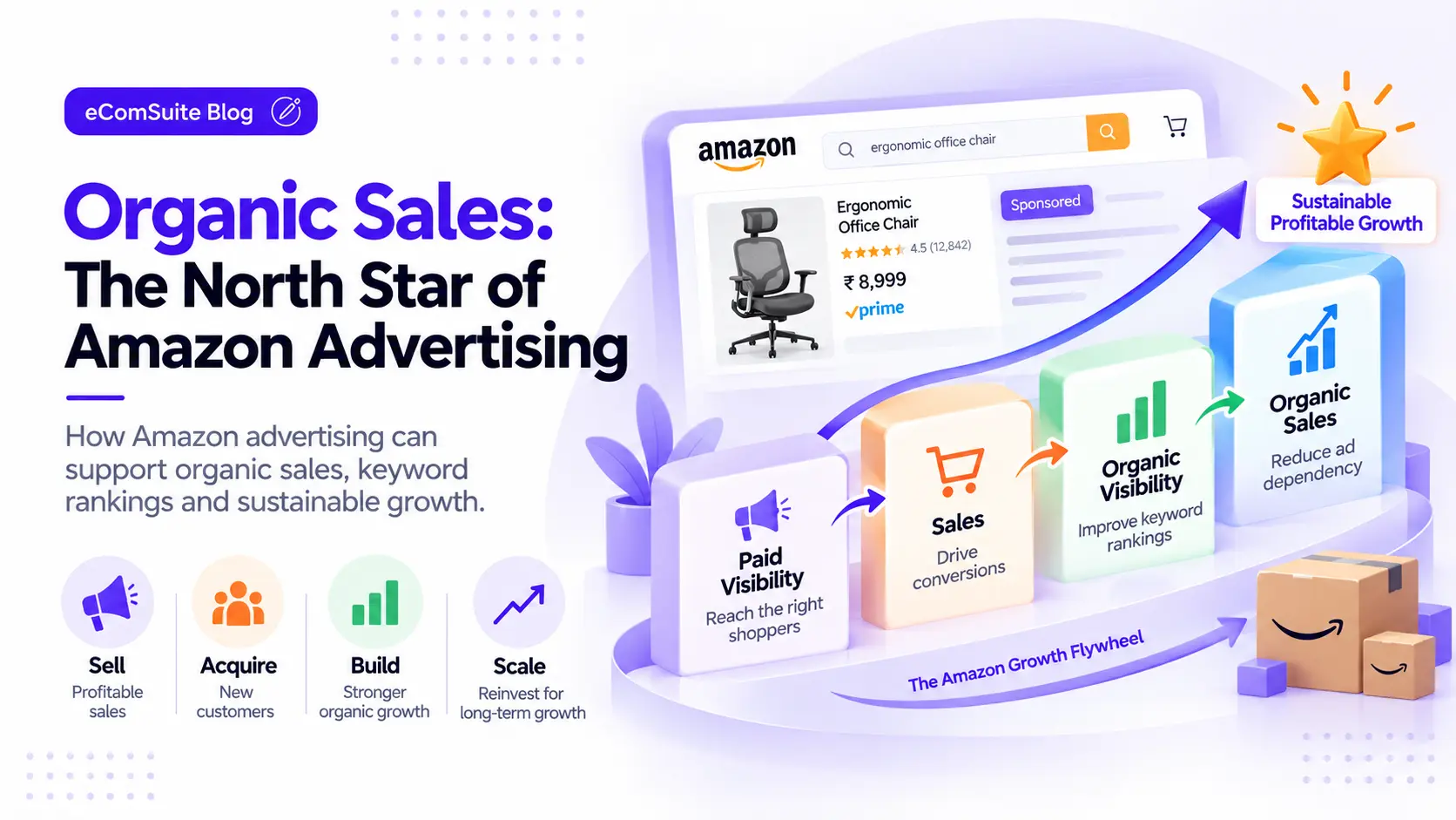 Amazon growth flywheel from paid visibility to sales, organic visibility and organic sales, with Sell, Acquire, Build and Scale lenses - eComSuite