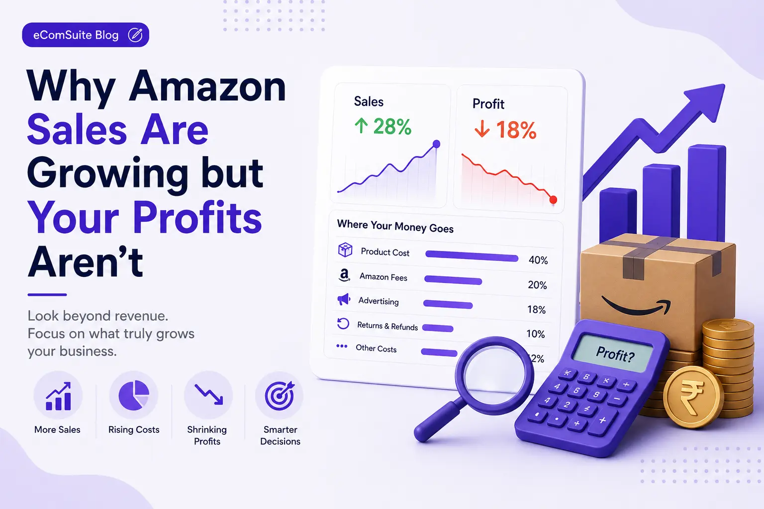 Amazon seller dashboard showing a rising sales revenue line next to a shrinking profit margin bar, illustrating why growing sales don't always mean growing profits
